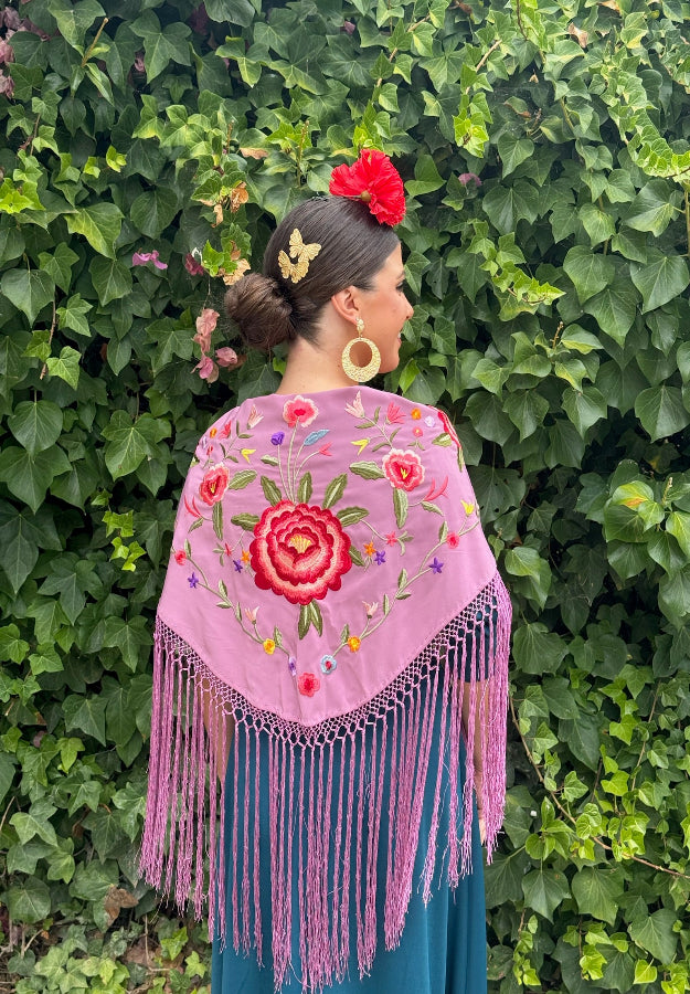 Mantón Rosas Fondo Lavanda