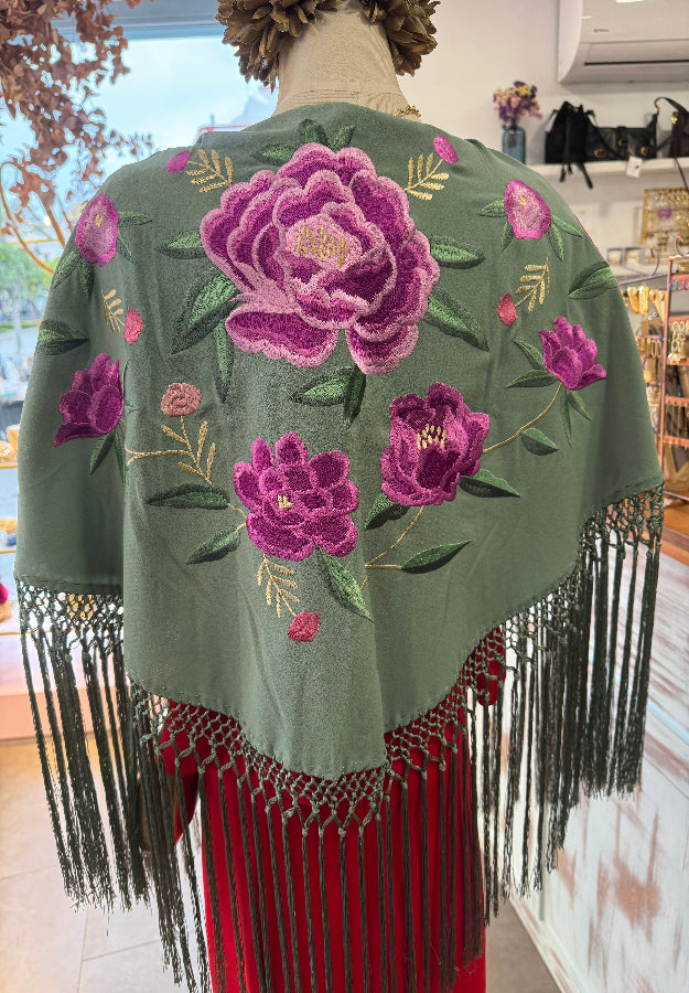 Manton Rosas Fondo Verde Agua