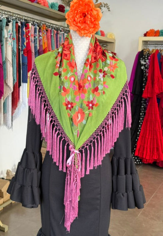 Mantón Cantillana Verde y Rosa