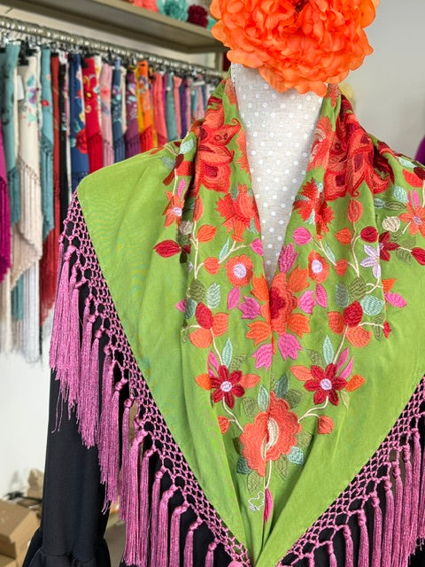 Mantón Cantillana Verde y Rosa