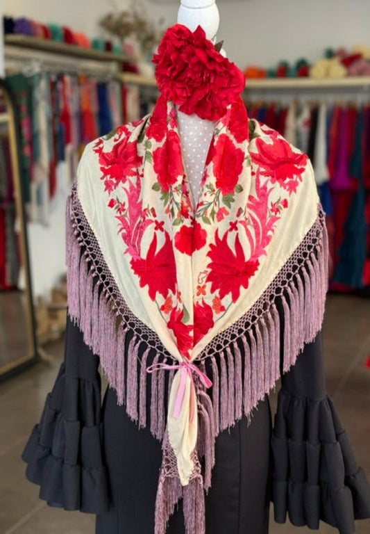 Mantón Cantillana Rojo y Beige