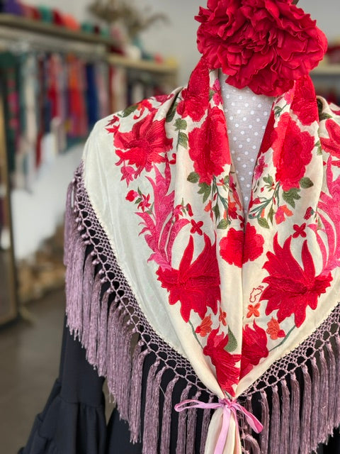 Mantón Cantillana Rojo y Beige