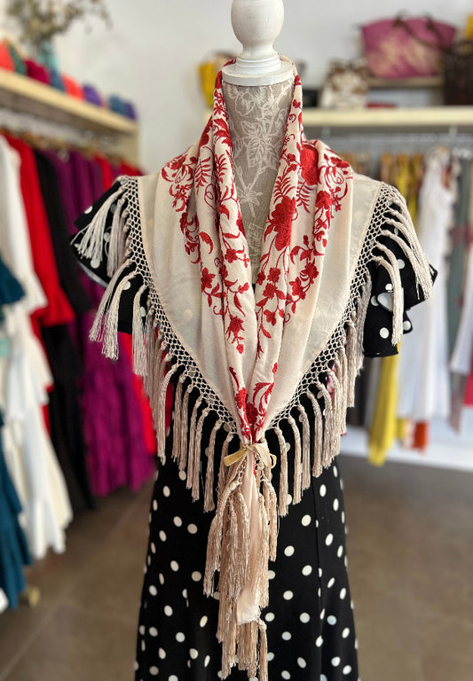 Mantón Cantillana Beige y Coral