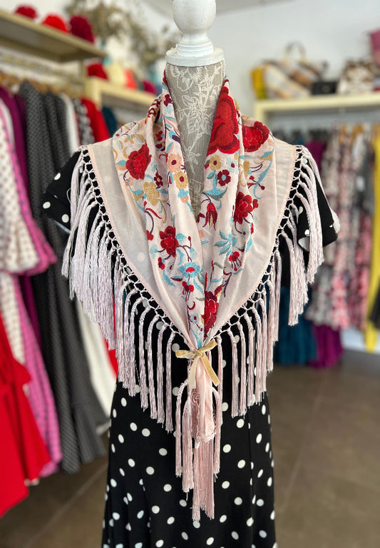 Mantón Cantillana Rosa Bebe y Rojo
