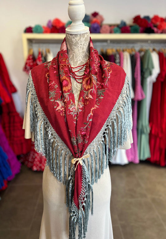 Mantón Cantillana Rojo Granate y Gris