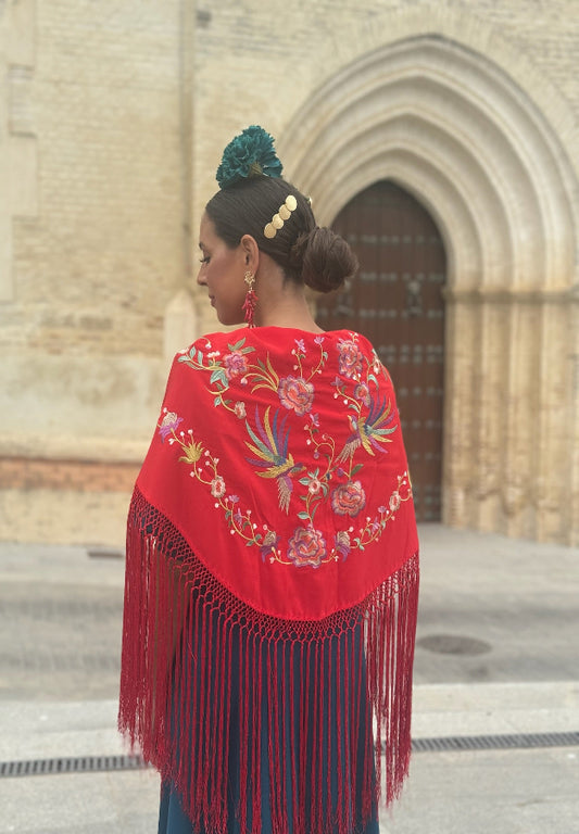 Mantón Pájaros Fondo Rojo