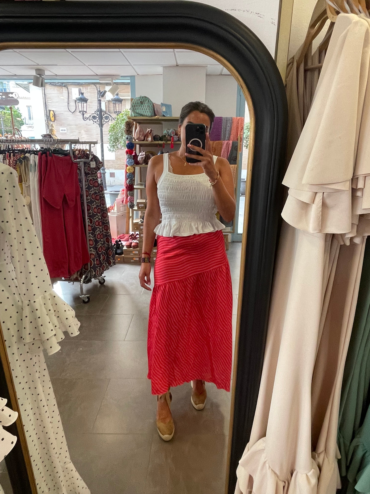 Falda Rayas Estrecha Rosa y Roja