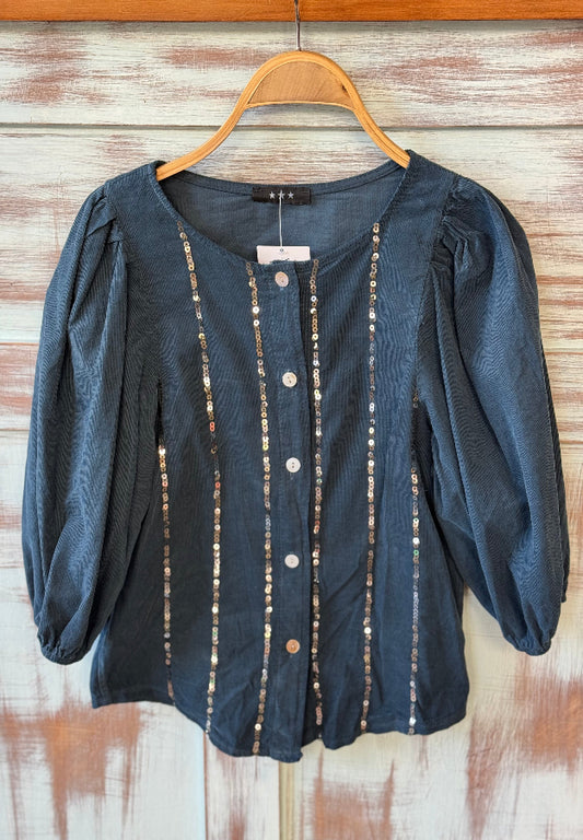 Camisa de pana y pailletes azul marino