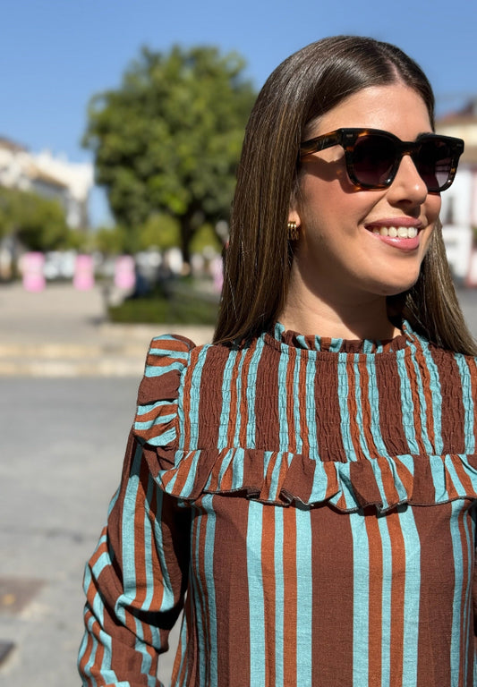 Blusa Lola Marrón y Turquesa